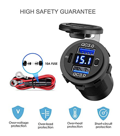 2 Pack 12V USB Outlet, QC3.0 & PD Dual Car Charger with Voltmeter & Switch - color: 2QC+1PD