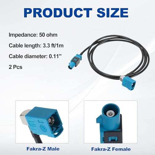 uxcell 2Pcs Antenna Extension Cable, 3.3ft/1m Longer Fakra-Z Male to Right Angle Fakra-Z Female RF Coax Cable for Car Stereo Head Unit GPS Navigation FM AM Radio RG174 - size: 3.3ft/1m