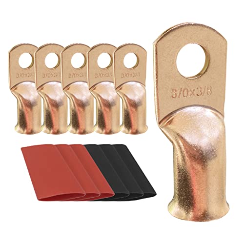 10pcs 3/0 AWG-3/8 Ring Battery Lugs, Copper Lugs, Battery Cable Ends, Tubular Ring Terminals, Crimp Wire Ring Lugs, Battery Terminal Connectors with Heat Shrink Tubing (10, 3/0 Awg - 3/8" (M10) Ring) - size: 3/0 Awg - 3/8" (M10) Ring