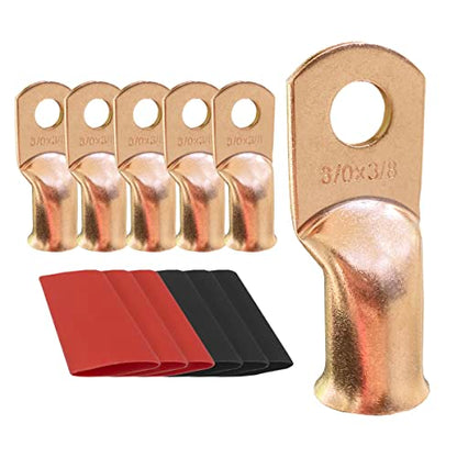 10pcs 3/0 AWG-3/8 Ring Battery Lugs, Copper Lugs, Battery Cable Ends, Tubular Ring Terminals, Crimp Wire Ring Lugs, Battery Terminal Connectors with Heat Shrink Tubing (10, 3/0 Awg - 3/8" (M10) Ring) - size: 3/0 Awg - 3/8" (M10) Ring
