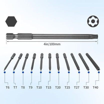 11pcs Security Torx Screwdriver Bit Sets, 1/4 Inch Hex Shank S2 Steel Magnetic security torx bit set, 4in long torx bit set T6 T7 T8 T9 T10 T15 T20 T25 T27 T30 T40 - size: 4" Long T6-T40