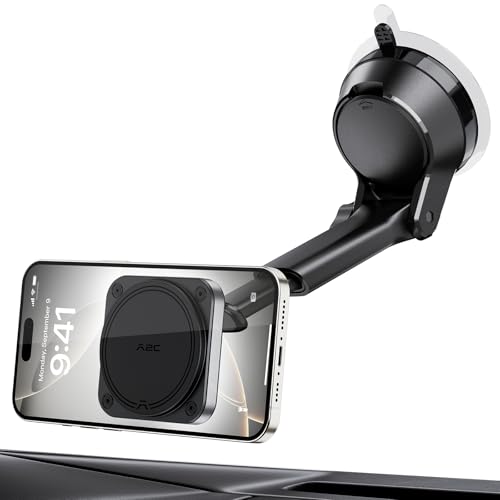 APPS2Car Magnetic Car Mount for MagSafe, Heavy Duty Phone Holder with 20 N55 Magnets, Strong Suction Cup, Adjustable Telescopic Arm, Dashboard & Windshield Mount for iPhone 12-17 Series and All Phones - color: Black