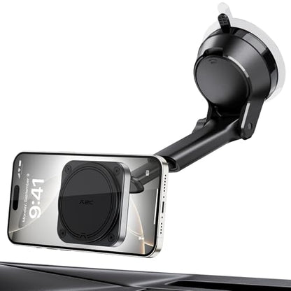 APPS2Car Magnetic Car Mount for MagSafe, Heavy Duty Phone Holder with 20 N55 Magnets, Strong Suction Cup, Adjustable Telescopic Arm, Dashboard & Windshield Mount for iPhone 12-17 Series and All Phones - color: Black