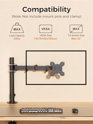 suptek Single Monitor Arm for Desk Mount Stand,Adjustable Monitor Arm for 13 to 32 inch Screen,Load Capacity 22lbs, Pole Adjustable Supports 0.8-2.4 Inch, VESA 75/100mm Black(MD6DBG) - size: Adjustable Pole Monitor Arm