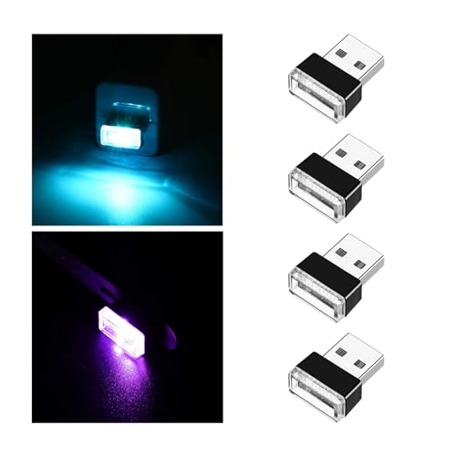 Ziciner 4 PCS USB LED Car Interior Atmosphere Lamp, Portable Mini LED Night Light, Plug-in USB Interface Trunk Ambient Lighting Kit, Universal Interior Accessories (Ice Blue+Purple) - color: Ice Blue+Purple