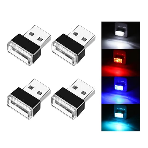 Ziciner 4 PCS USB LED Car Interior Atmosphere Lamp, Portable Mini LED Night Light, Plug-in USB Interface Trunk Ambient Lighting Kit, Car Accessories (White, Blue, Red, Ice Blue) - color: White+Blue+Red+Ice Blue