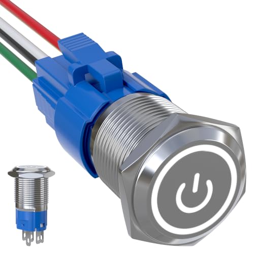 16mm Latching Push Button Switch 5A 12V Power Symbol LED Ring SPDT - color: Silver Shell-White