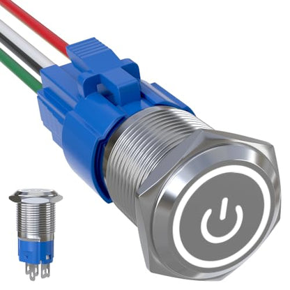 16mm Latching Push Button Switch 5A 12V Power Symbol LED Ring SPDT - color: Silver Shell-White