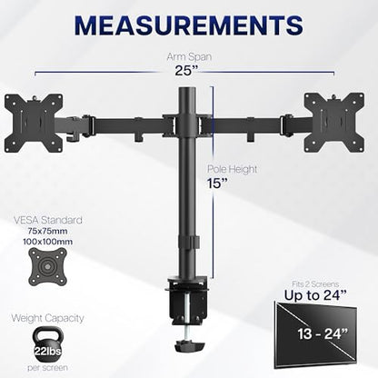 VIVO Dual Monitor Desk Mount, Heavy Duty Fully Adjustable Steel Stand, Holds 2 Computer Screens up to 24 inches and Max 22lbs Each, Black, STAND-V024 - color: Black, size: 13" - 24"