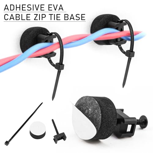 20 Pcs Adhesive Cable Tie Mount - 20mm EVA Base Self Adhesive Zip Tie Holder with Screws Nylon Ties, Wire Management Clip for Desk Car Wall Office
