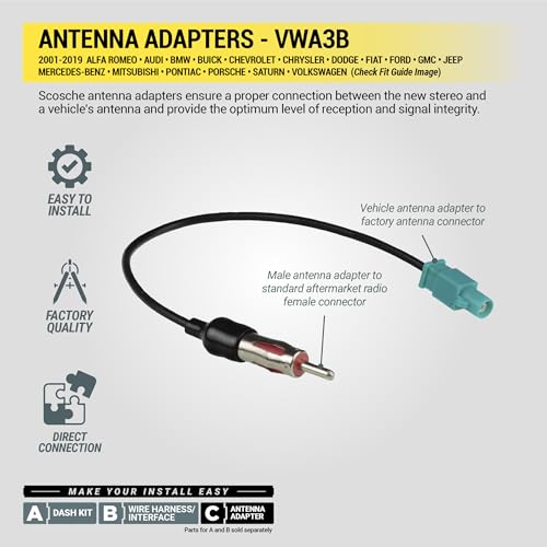 Scosche VWA3B Antenna Adapter for Aftermarket Car Stereo Compatible with Select 2001-19 Domestic and European Vehicles - Radio Antenna Adapter - See Vehicle Fit Guide in Images