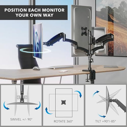 Mount-It! Triple Monitor Desk Stand, USB-A & C, Black - color: Black