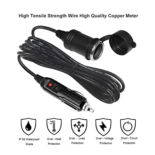 12V Cigarette Lighter Extension Cord 6FT -Car Charger Cigar Lighter Male Plug to Female Socket 18AWG Heavy Duty Extension Cable with LED Lights Extender for Air Compressor Pump and Tire Inflator 15A - size: 6FT