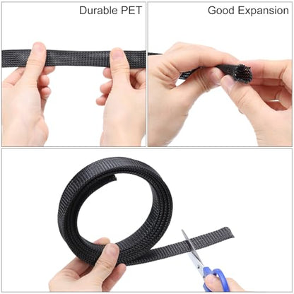 uxcell 10 Ft - 1/8 Inch Expandable Braided Cable Sleeving, PET Cable Management Wire Sleeve Cord Protector, Wire Wrap Loom Tube for TV Computer Audio, Office Home Devices, Black