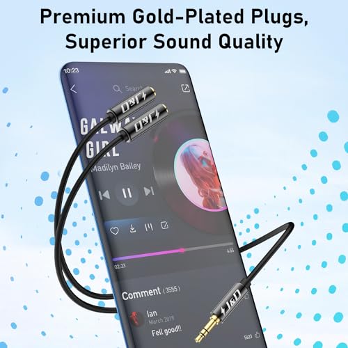 J&D Headphone Splitter 1/8 Audio Stereo Y Splitter Aux Extension Cable, Gold Plated Heavy Duty 3.5mm TRS Male to 2 X 3.5mm TRS Female Headphone Jack Adapter for Earphone, 0.65 Feet
