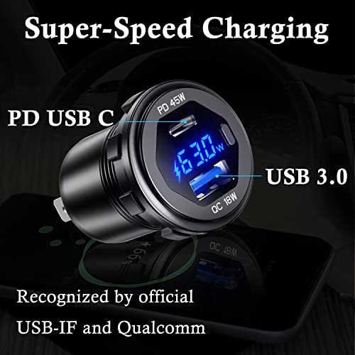 PD 45W USB C Quick Charger 18W USB 3.0 Charger Socket Waterproof with Switch LED Voltmeter and Wire Fuse DIY Kit for 12V/24V Car Boat Marine ATV Bus Truck RV Motorcycle