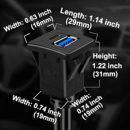 USB 3.0 수 - 타입 C 3.0 암 및 USB 3.0 수 - 암 자동차 플러시 마운트 케이블 USB C 3.0 패널 마운트 케이블 자동차 트럭 보트 오토바이 대시보드용 0.3m(1피트) - size: 1피트, style: 스퀘어 U3에서 C3 & U3에서 U3까지