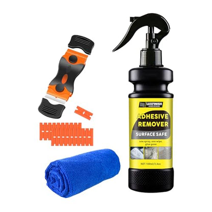 Adhesive Remover Spray with Scraper & Towel - Goo & Glue Gone Remove Stickers, Labels, Tape Residue from Car Paint, Glass, Tile - Safe Multi-Surface Formula - 100ml/3.4oz