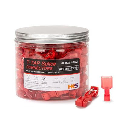 HKS 200PCS/100 Pairs T-TAP Wire Connector Quick Splice Disconnect Red AWG 22-18 - Self-Stripping Electrical Terminals Kit Automotive Crimp Insulated - color: Red, size: TAP&MALE