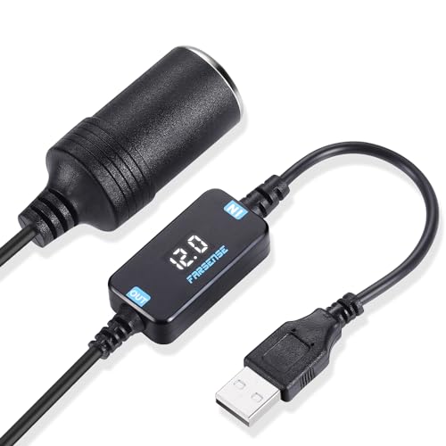 FARSENSE 5V to 12V Step Up Converter Cable, USB A/Type-C to 12V Car Cigarette Lighter Socket Adapter with Voltage Display - 3FT DC Power Cord for Dash Cam, GPS, Driving Recorder & Car Electronics
