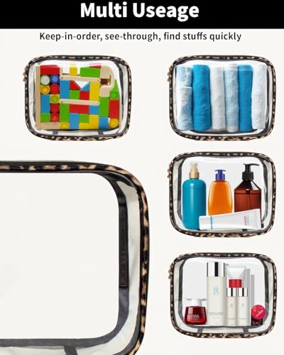 Clear Makeup Bag Set, TSA Approved Clear Toiletry Bag 3 Pack Carry on Travel Packing Organizer Bags Waterproof Clear Makeup Pouch Cosmetic Case with Zipper Car Accessories Essentials for Women - color: 3Pcs Leopard-M