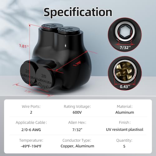 DaierTek Insulated Multi Tap Connector, 2/0-6 AWG Wire Connectors, 2 Ports Aluminum to Copper Wire Connectors with Slotted Allen Hex, Electrical Connectors, Wire Tap, Single-Sided Entry 5 Pack - size: 2/0-6 AWG-5PCS