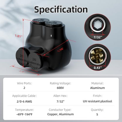 DaierTek Insulated Multi Tap Connector, 2/0-6 AWG Wire Connectors, 2 Ports Aluminum to Copper Wire Connectors with Slotted Allen Hex, Electrical Connectors, Wire Tap, Single-Sided Entry 5 Pack - size: 2/0-6 AWG-5PCS