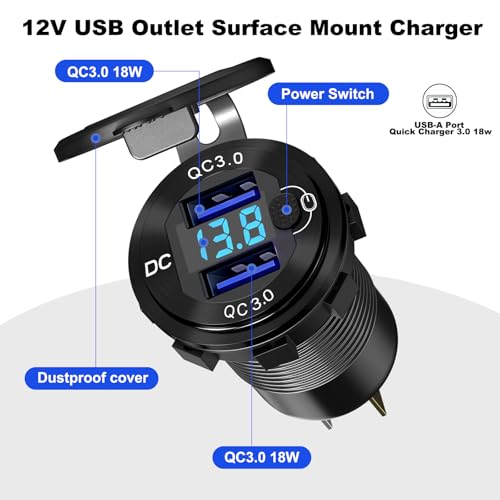 12V Flush Mount Car Charger, Aluminum Metal Body with LED Voltmeter and Switch, Dual QC3.0 USB Port for Marine, RV, Motorcycle & Panel Mounting (red) - color: red