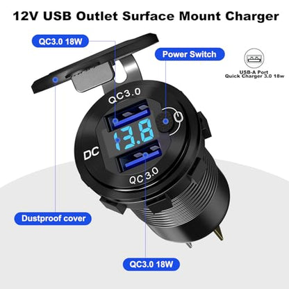 12V Flush Mount Car Charger, Aluminum Metal Body with LED Voltmeter and Switch, Dual QC3.0 USB Port for Marine, RV, Motorcycle & Panel Mounting (red) - color: red