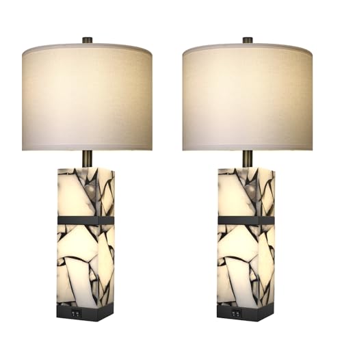 Scenekoy 27" Alabaster Table Lamp Set of 2 with Night Light for Living Room - color: Black