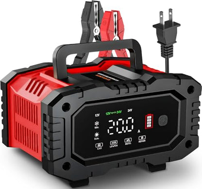 20-Amp Car Battery Charger, 12V/20A and 24V/10A LiFePO4,Lead-Acid(AGM/Gel/SLA) Automatic Smart Trickle Charger Maintainer,Desulfator, 300W Fast Charging for Automotive Truck Motorcycle Lawn Mower Boat