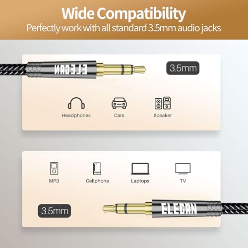 Elecan 3.5mm AUX Cable 25 Ft (Hi-Fi Sound-Zinc Alloy Case-OD 3.5MM-Ultra Slim&Soft) Auxiliary Stereo Audio Cable Braided 1/8 inch 3.5 mm AUX Cord for Headphones,Car,Home Stereos, Speaker,Phones - size: 25FT-1PK, style: Straight to Straight