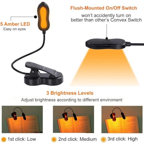 Amber Book Light, Rechargeable Blue Light Blocking Reading Light, Clip on Book Lamp, 3 Brightness Eye Care Sleep Aid Reading Lights for Study Bookworms Travel