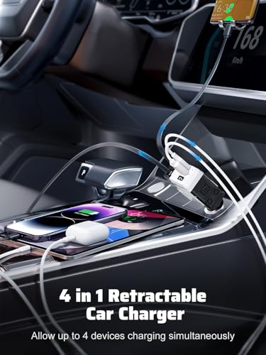 Retractable Car Charger with Retractable Cables (31.5 inch), 4 in 1 Super Fast Car Phone Charger, 2 USB Ports Car Charger Adapter, Compatible with iPhone 15 14 13 12 11 Pro Max, iPad, Pixel - color: White