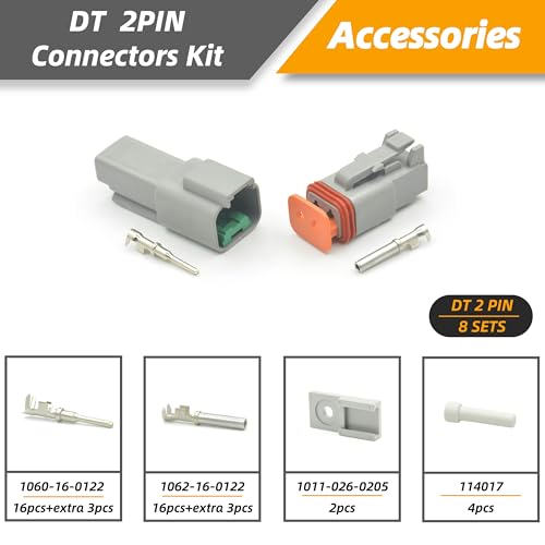 8 Sets 2 Pin DT Waterproof Connector Kit, Deutsch Automotive Electrical Butt, IP67 Waterproof Electrical Connectors Plug with 19 Pairs 16# Stamped Contacts for Car Truck Boat (2PIN-8SET) - size: 2PIN-8SET