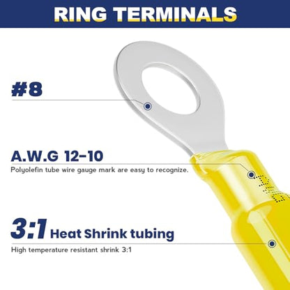 haisstronica 100PCS Heat Shrink Ring Terminals, 12-10 AWG, #8, Yellow - color: Yellow, size: Ring #8