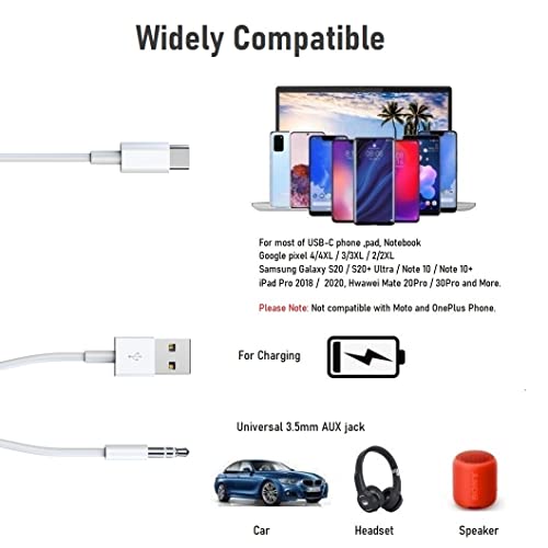 USB C to 3.5mm Audio Aux Jack Cable with Charging Cord