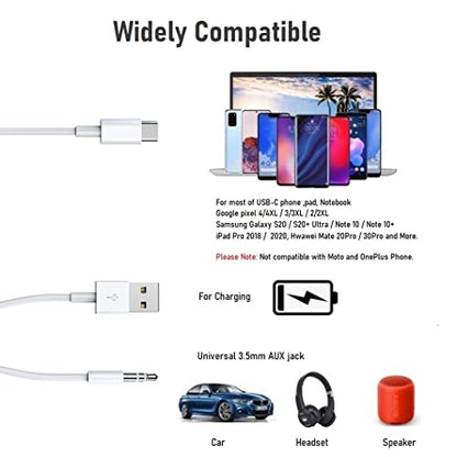 USB C to 3.5mm Audio Aux Jack Cable with Charging Cord
