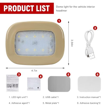 자동차 내부 천장 지붕 조명, USB 충전식 차량 돔 조명 10LED 독서 램프, 프레스 스위치 포함, 범용 마그네틱 무선 돔 램프, 자동차 트럭 RV 캠핑카용 (베이지) - color: 화이트 라이트, 베이지