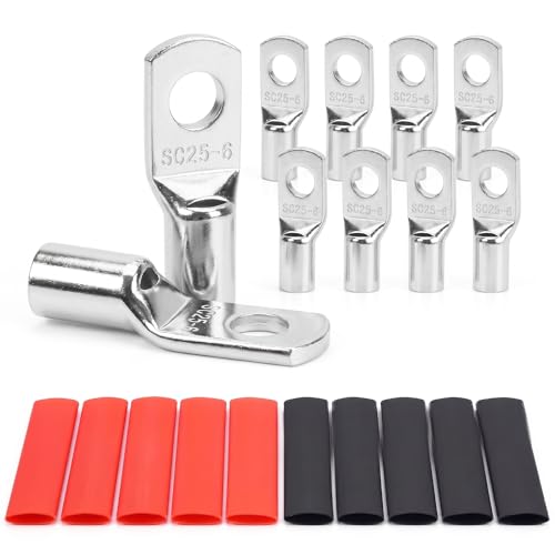 10PCS 4 Gauge Wire Connectors with Heat Shrink Tubing, Battery Terminal Ends, Tinned Copper Ring Terminals for 4 AWG - for Automotive, RV, Solar & Outdoor Power Equipment(SC25-6) - size: SC25-6
