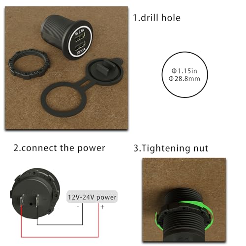 Dual USB Charger Socket Blue LED 12V/24V 2.1A & 2.1A for Marine Motorcycle Truck Golf Cart RV, Car etc.