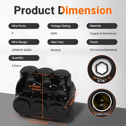 Joinfworld 3 Port Insulated Multi Tap Connector 250MCM-6 Gauge Wire Connectors Aluminum to Copper Wire Connectors Dual Entry Black Electrical Cable Connectors with Slotted Allen Hex - 4 Pack - size: 250MCM-6 AWG