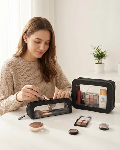 LETGO Clear Makeup Bag Travel Toiletry Bag for Women,Small Cosmetic Bags Cute Clear PVC Makeup Pouch for Purse Waterproof Comestic Zipper Bag Pencil Case Accessory Bag (Slim, Black) - color: Black, style: Slim