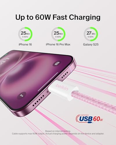 Belkin USB C to USB C 60W Braided Cable 2 Pack, 3.3ft iPhone Charger Cord - color: Pink, style: 3.3 ft - 2 pack