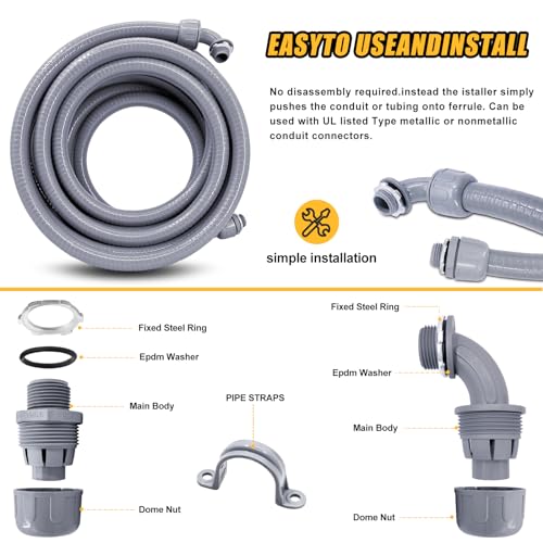 3/4 inch 150 Foot Liquid-Tight Conduit and Connector Kit, Flexible Non Metallic Electrical Conduit, With 10 Straight and 10 Angle Fittings and Pipe Strap - size: 3/4inch 150Ft