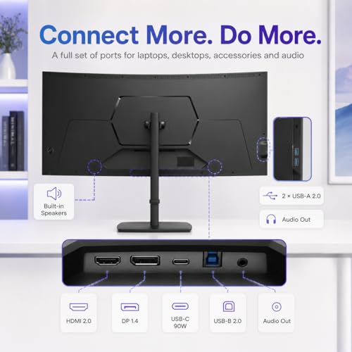 Deco Gear 40 inch Curved 5K2K Ultrawide Monitor, 5120x2160 WDQHD 21:9 IPS, Adaptive Sync, 75Hz USB-C 90W PD, 2500R 1ms MPRT, HDMI 2.0, DP 1.4, KVM, PIP/PBP, HDR, Speakers, Audio Out, Adjustable Stand - size: 40 Inch-75
