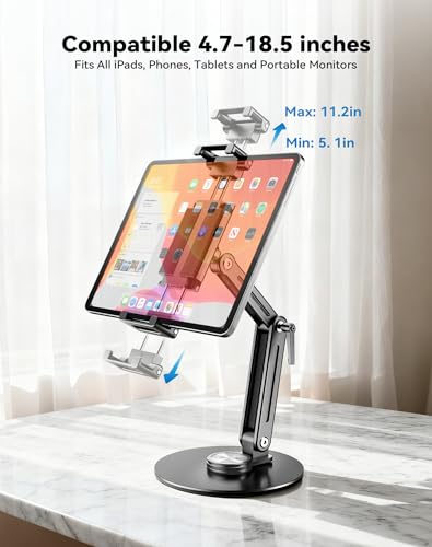 Portable Monitor Stand Large Clamp - Heavy Duty Aluminum Body Support up to 4.4LBS 16" 17.3" 18.5 inch 360° Rotating Base Swivel Foldable Desk Stand for iPad Holder Tablet Mount for Kitchen/Travel - size: up to 18.4"