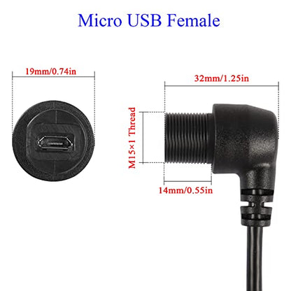 QIANRENON 90° Micro USB Panel Flush Mount Waterproof Extension Cable Micro USB 5 Pin Right Angle Male to Female Connector for Fixied on Dashboard of Car,Boat,Motorcycle,28cm/11in (Down Bend) - style: Down Bend