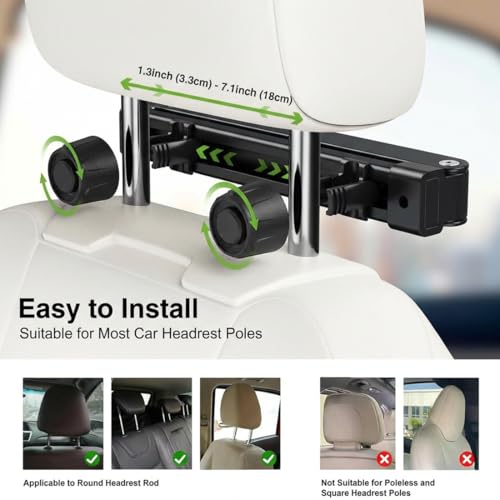Heavy Duty Metal Car Headrest Mount for 15.6‘’ Portable Monitor, 2-in-1 VESA&Clip Stand for 4.7-20" Screen, Backseat Gaming Holder Compatible with Switch, iPad, iPhone, Stable Road Trip Stand for Kids