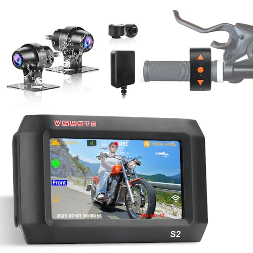 VSYSTO 5G WiFi Motorcycle Camera, Parking Monitoring, TPMS, GPS, 3'' HD Screen 130° Starlight Night Vision Motorbike DVR System, Wired Controller, Assisted Driving Mode,Shutdown Reminder (S2)